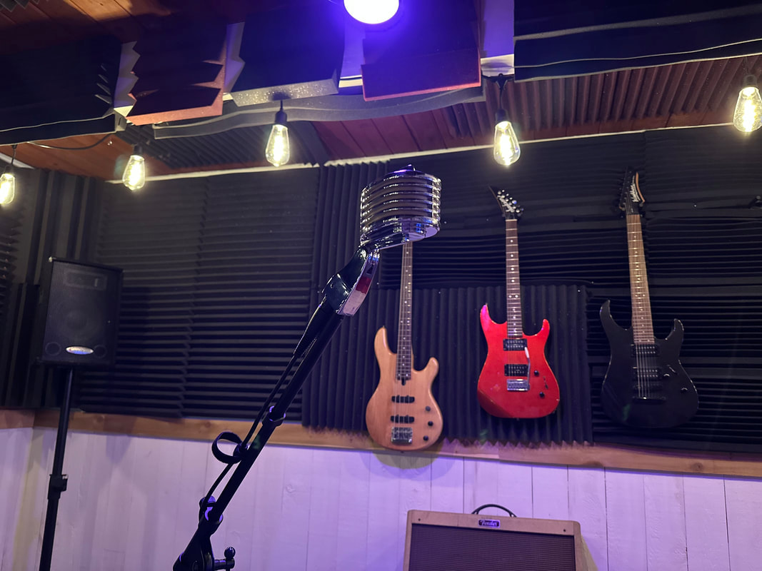 Vintage microphone and wall-mounted guitars in the Fairweather Cottage Studios live room